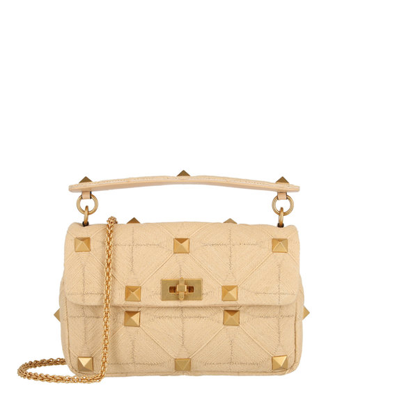 Valentino Handbags - Valentino Medium Roman Stud Raffia Shoulder Bag White Womens